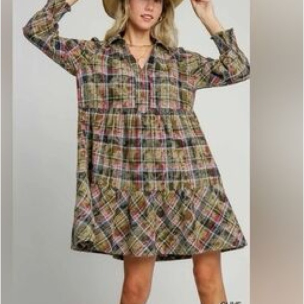 Umgee Acid Wash Plaid Flannel Tiered Babydoll Tunic Dress Olive Pink L